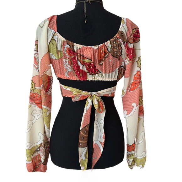 Rue21 ~ Multicolor Paisley Print Long Sleeve Crop Blouse Tie Back Straps size S - Picture 4 of 9